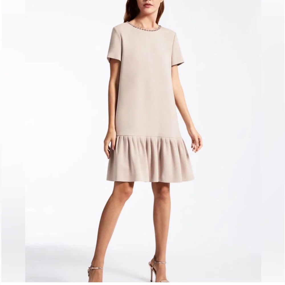 MaxMara Beige Drop Waist Mini Dress with Beased Neckline